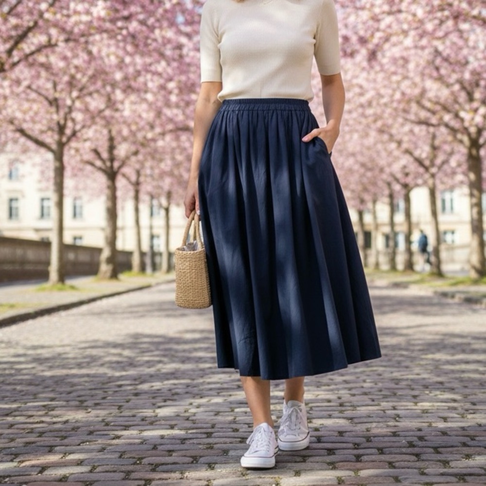 Earth Music and‎ Ecology Navy Cotton Linen Skirt One Size